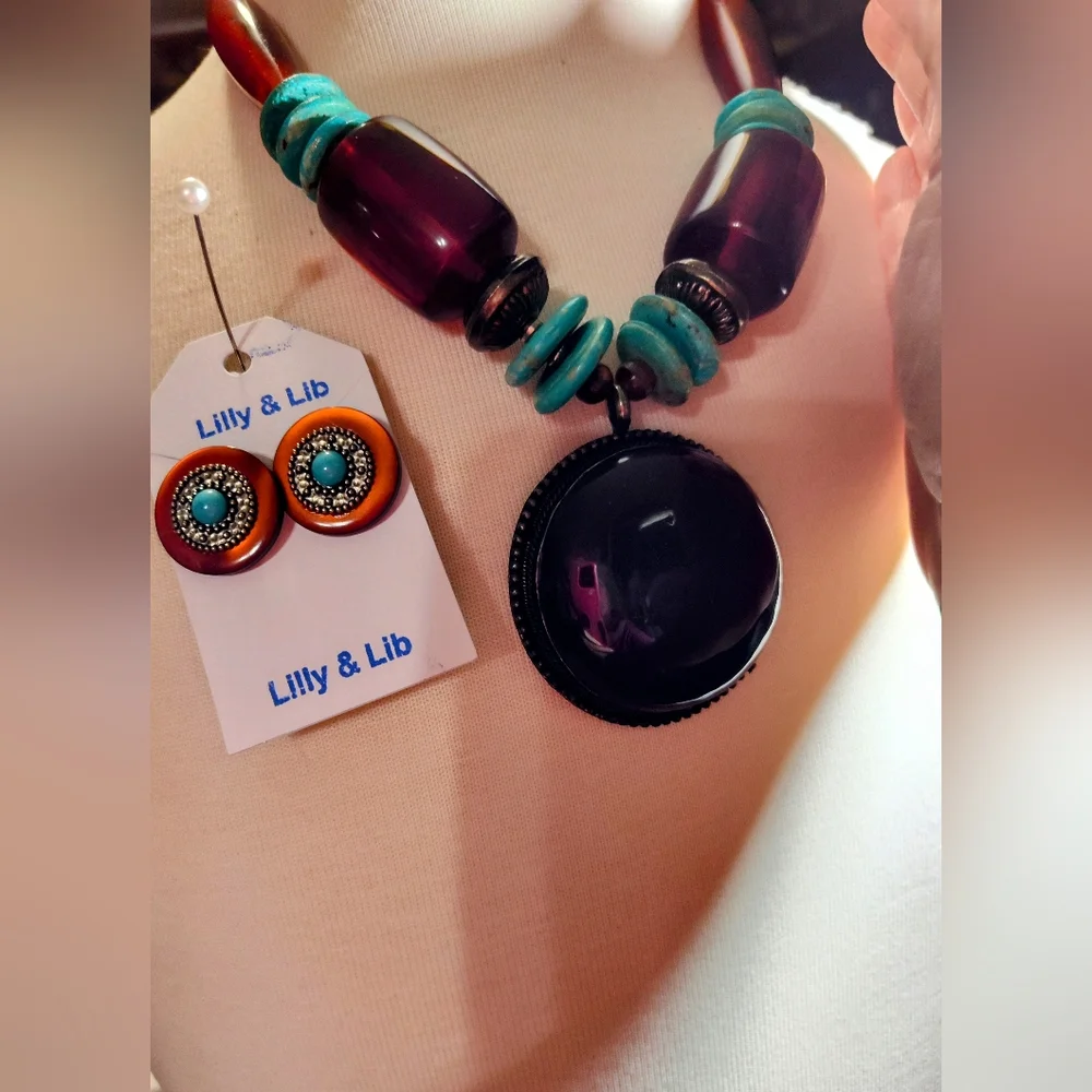 Amber and Turquoise Necklace and Earring Set. NWOT
